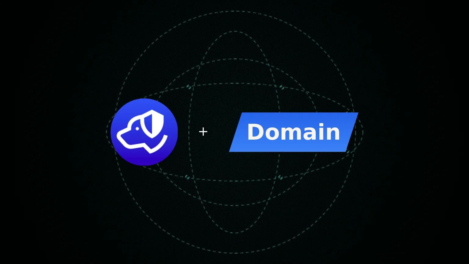 Centered Authdog mark with an angled Domain word plate on a grainy cyan wash with dashed DNS rings