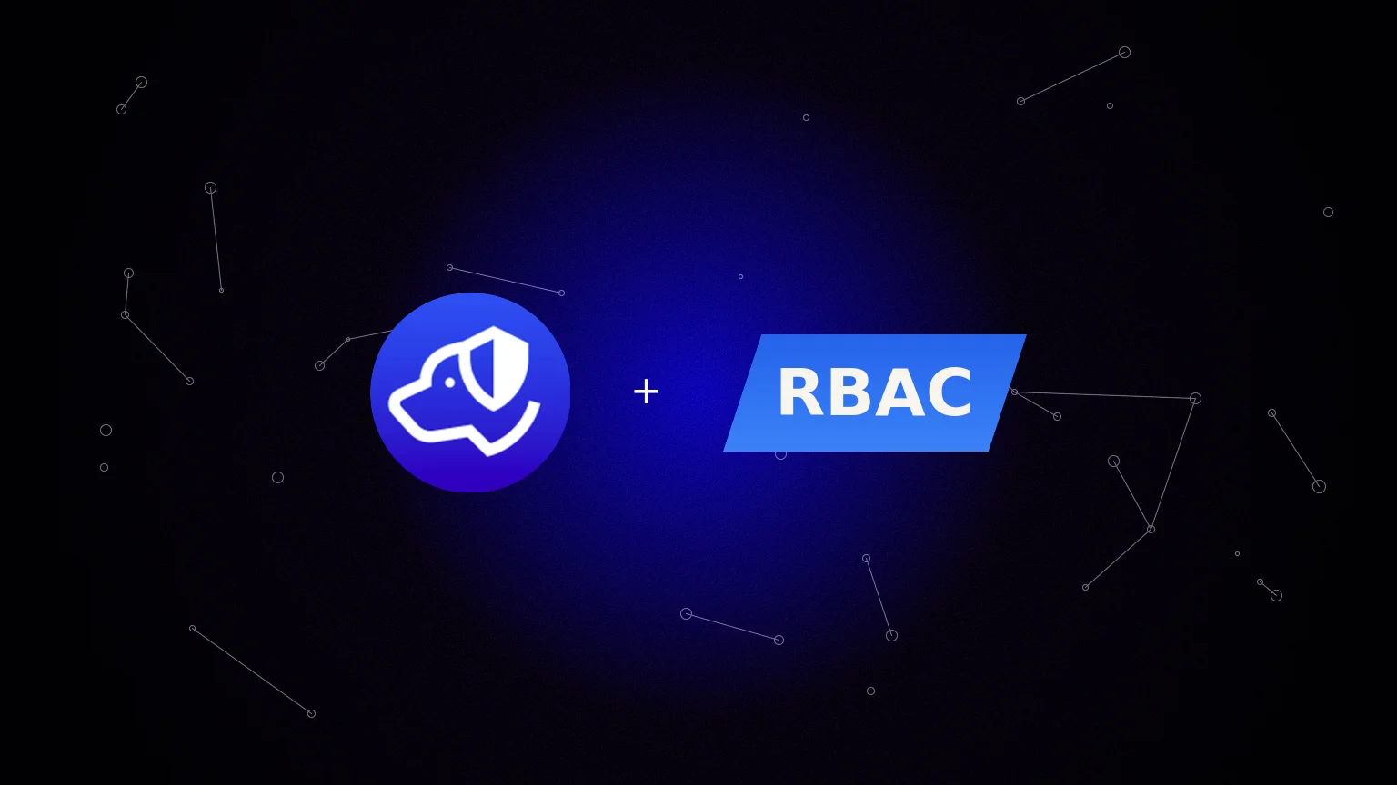 Centered Authdog mark with an angled RBAC word plate on a grainy violet wash with dashed slug rails