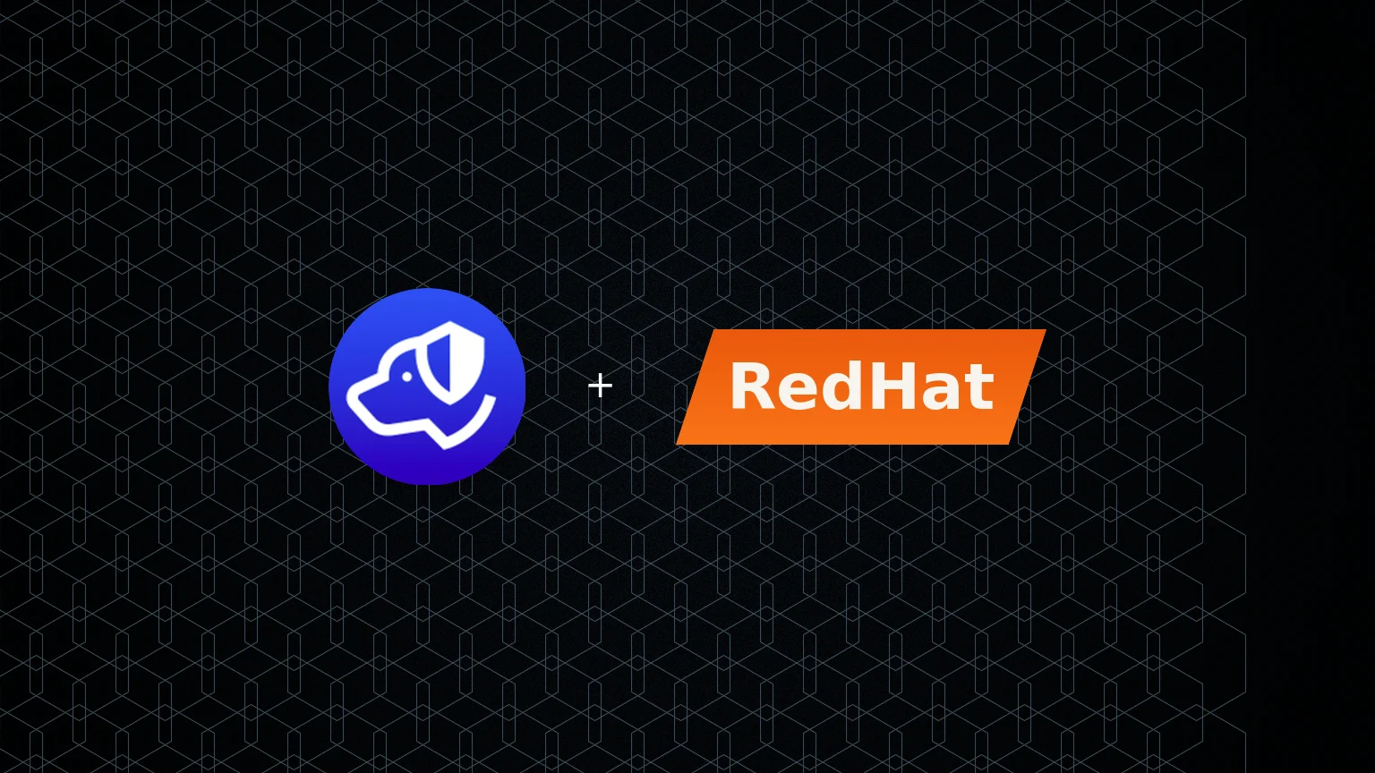 Centered Authdog and Red Hat marks on a grainy crimson wash with dashed rings and a connecting bar
