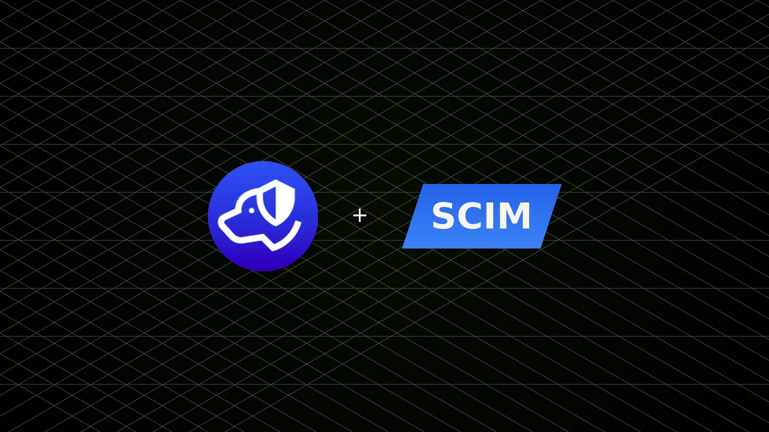 Centered Authdog mark with an angled SCIM word plate on a grainy mint wash with dashed directory rows