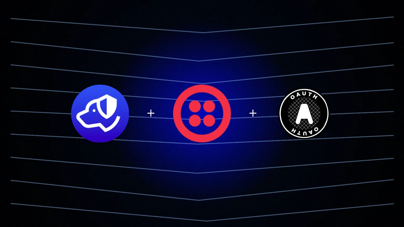 Centered Authdog, Twilio, and OAuth marks on a grainy cobalt wash with wobbled chevrons