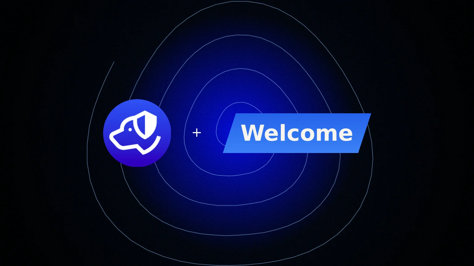 Centered Authdog mark with an angled Welcome word plate on a grainy sky wash with a wobbling spiral