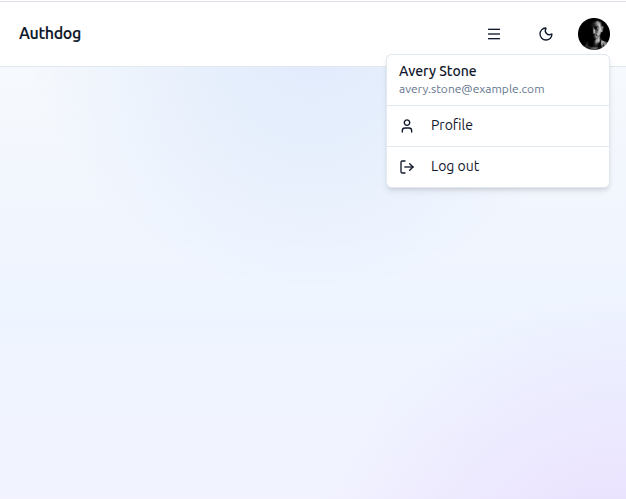 Authdog navbar and account menu component preview