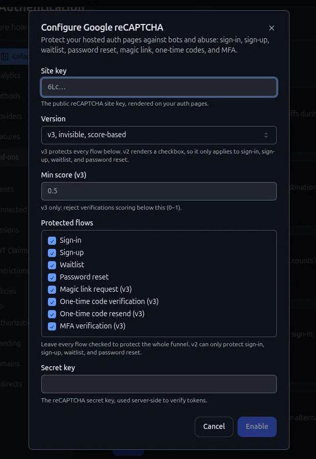 Configure Google reCAPTCHA dialog with site key, v3, min score, protected flows, and secret