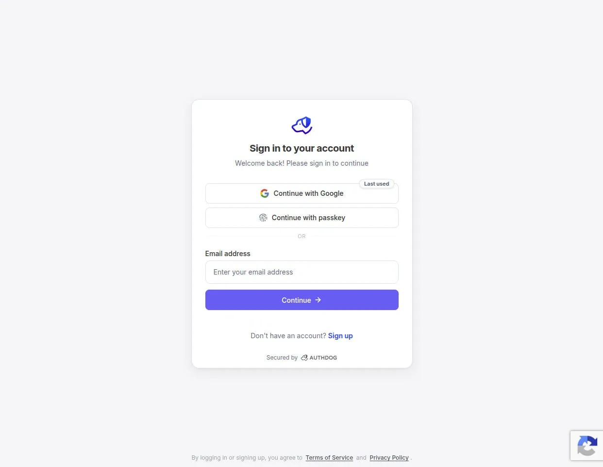 Hosted Authdog sign-in with the Google reCAPTCHA badge in the corner